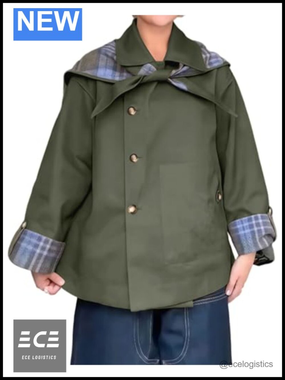 Plaid Reversible Short Trench Coat Oversized Jacket Pockets